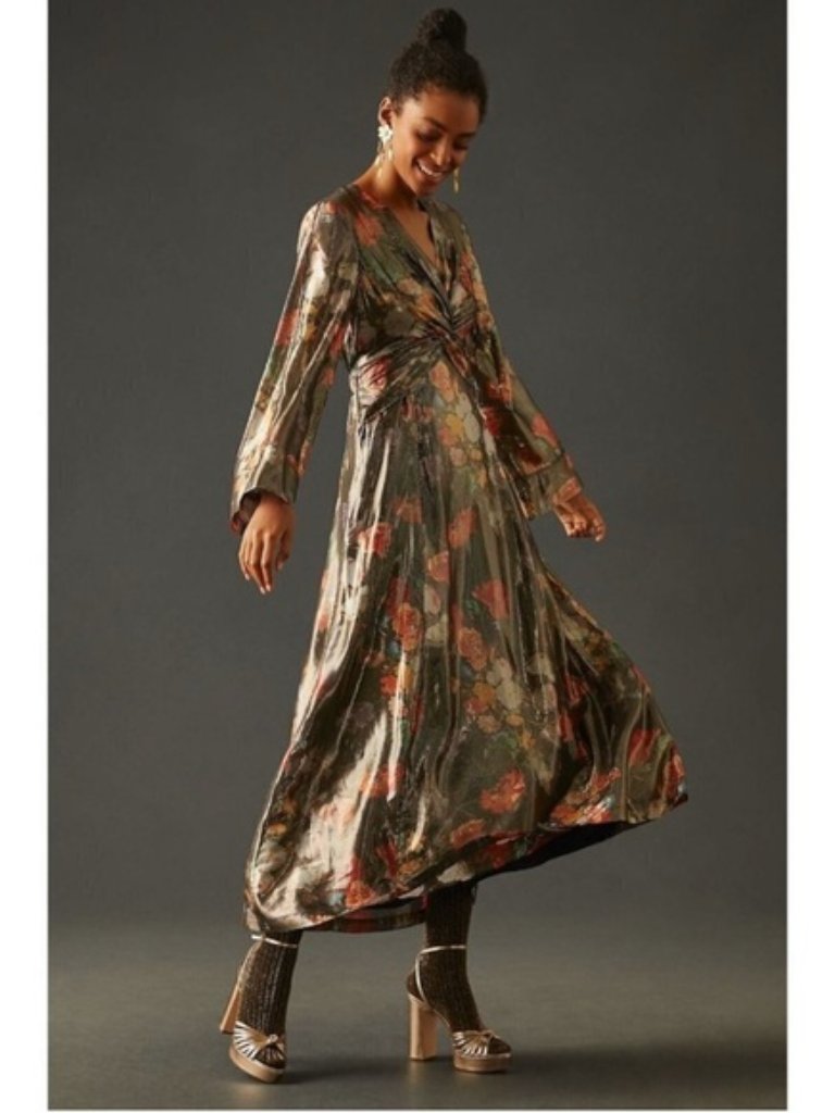 Anthropologie Boho Festival Metallic Crinkle Floral Foil Finish Maxi Dress - M